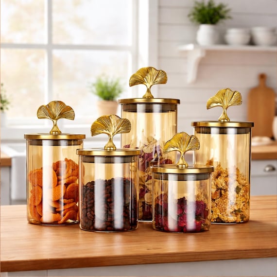 Glass Storage Jar Set with Gold Lid Airtight Pantry Canisters Coffee Tea Sugar Storage
