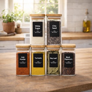 Peut inclure: Ensemble de bocaux à épices en verre avec couvercles en bois, chacun étiqueté avec du texte noir. Les bocaux contiennent du sucre blanc, des graines de chia, du piment en poudre, du curcuma, des feuilles de laurier et du poivre noir. Disposition sur une surface en bois.