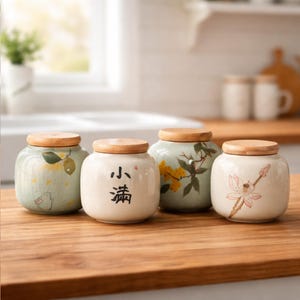 Puede incluir: Cuatro botes de cerámica con tapas de madera, decorados con diseños florales y botánicos en verde, amarillo y rosa. Un bote tiene caracteres chinos. Perfectos para almacenar alimentos o especias.