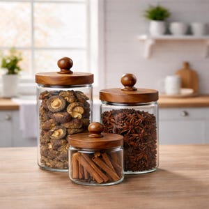 Set di barattoli di vetro con coperchi in legno, contenitori ermetici per l'organizzazione della dispensa, contenitori trasparenti per la cucina