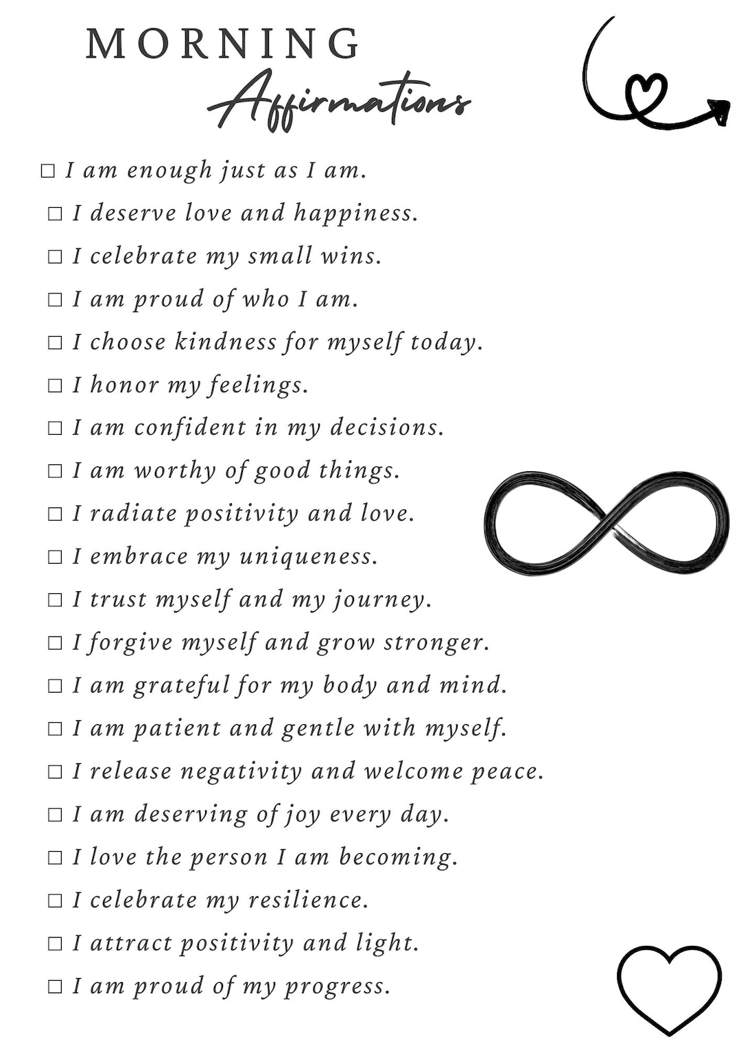 Affirmation Checklist Morning Self-love Affirmations Printable – Daily Positivity Checklist ...