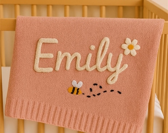 Gepersonaliseerde gebreide babydeken, geborduurde deken babynaam, katoenen deken pasgeboren, uniek kraamcadeau, deken pasgeboren, kraamcadeau