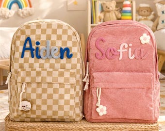 Gepersonaliseerde corduroy rugzak – aangepaste naam schooltas voor kinderen, peuter peuter rugzak, terug naar school cadeau voor jongens en meisjes, verjaardagscadeau