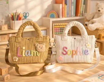 Aangepaste naam corduroy crossbodytas voor kinderen/gepersonaliseerde portemonnee voor peuters met schattige charme/handgemaakte garenletters/tas kinderdagverblijf/verjaardagscadeau