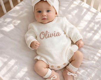 Conjunto personalizado para a saída da maternidade, conjunto de tricô sob medida para recém-nascido, conjunto com nome do bebê bordado, presente para chá de bebê, roupa para levar o bebê para casa do hospital