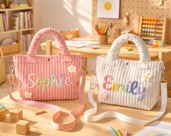 Gepersonaliseerde crossbodytas voor peuters, kleine corduroy portemonnee voor kinderdagverblijf, babyreistas, bloemenmeisjescadeau, kleuterschool en verjaardagscadeau