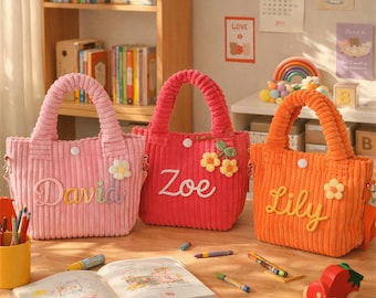 Gepersonaliseerde crossbodytas voor peuters, kleine corduroy portemonnee voor kinderopvang, aangepaste babyreistas, bloemenmeisjescadeau, kleuterschool en verjaardagscadeau