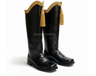 Handmade 19th Century Hessian Boots - Historical Reenactment Black Leather Tall Officer Riding Boots