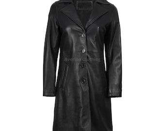 Women's Black Leather Trench Coat | Genuine Lambskin Matrix Long