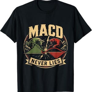 May include: A black short-sleeve t-shirt featuring a graphic print of a green bull and a red bear facing each other. The design includes a stock market chart, lightning bolts, and the text MACD NEVER LIES in a bold, distressed, vintage-style font.