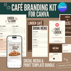 Könnte beinhalten: Ein Café-Branding-Kit für Canva mit Menüs, Social-Media-Vorlagen und Visitenkarten. Das Design zeigt ein Smartphone, das einen Instagram-Beitrag mit einem Croissant und dem Text "Fresh Baked This Morning" anzeigt. Das Kit ist in Braun- und Weißtönen gehalten.