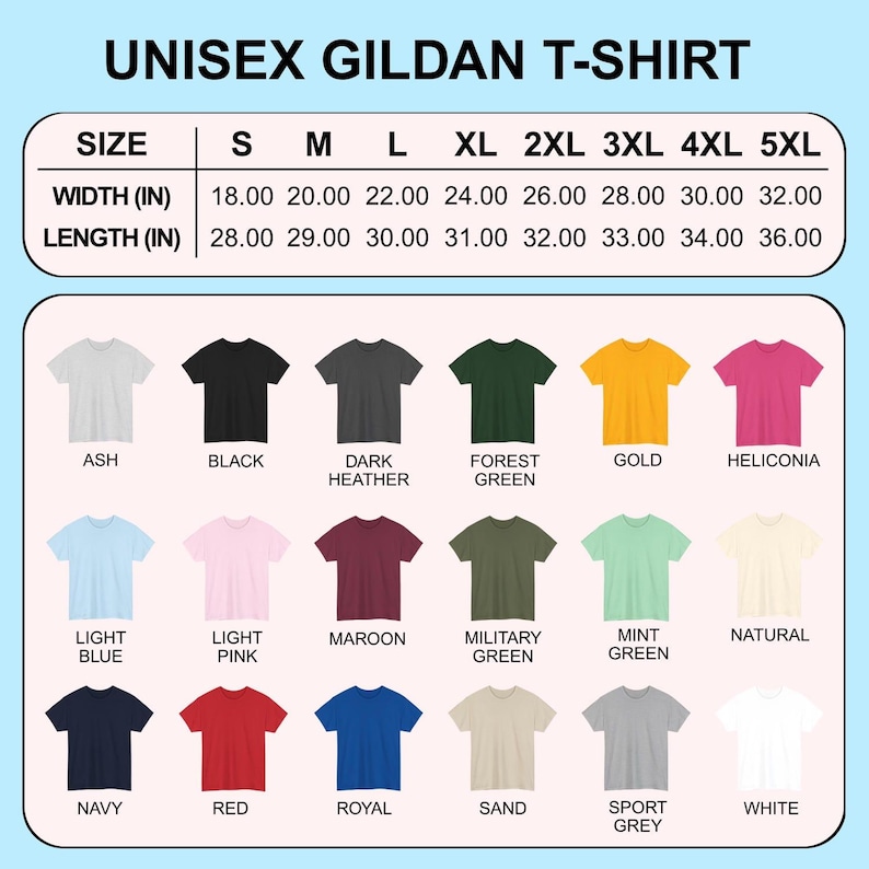 K&ouml;nnte beinhalten: Eine Tabelle mit Gildan Unisex-T-Shirts in verschiedenen Farben, darunter Asch, Schwarz, Dunkelgrau, Waldgr&uuml;n, Gold, Heliconia, Hellblau, Hellrosa, Bordeaux, Milit&auml;rgr&uuml;n, Mintgr&uuml;n, Natur, Marine, Rot, Royal, Sand, Sportgrau und Wei&szlig;. Gr&ouml;&szlig;en und Ma&szlig;e sind in Zoll angegeben.