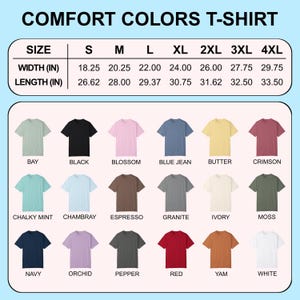 K&ouml;nnte beinhalten: Grafik mit Comfort Colors T-Shirts in verschiedenen Farben, darunter Bay, Black, Blossom, Blue Jean, Butter und Crimson. Das Bild zeigt Gr&ouml;&szlig;en- und Ma&szlig;angaben in Zoll, mit einer Breite von 18,25 bis 29,75 Zoll.