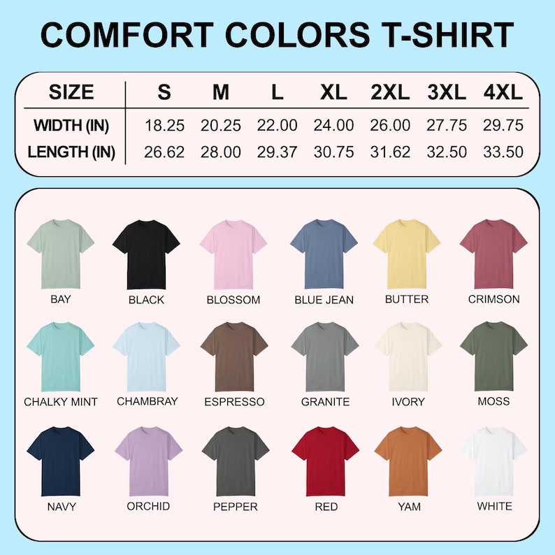 K&ouml;nnte beinhalten: Grafik mit Comfort Colors T-Shirts in verschiedenen Farben, darunter Bay, Black, Blossom, Blue Jean, Butter und Crimson. Das Bild zeigt Gr&ouml;&szlig;en- und Ma&szlig;angaben in Zoll, mit einer Breite von 18,25 bis 29,75 Zoll.