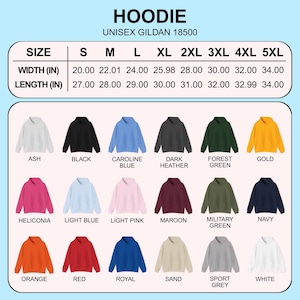 K&ouml;nnte beinhalten: Produktbild mit einer Auswahl an Unisex Gildan 18500 Hoodies in verschiedenen Farben, darunter Gold, Orange und Royalblau. Die Gr&ouml;&szlig;entabelle zeigt die Ma&szlig;e in Zoll, von S bis 5XL.