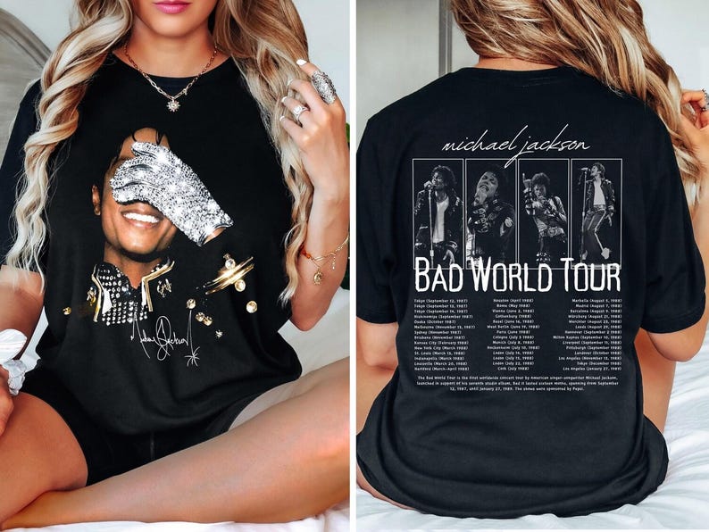 Comfort Colors® Michael Jackson vintage-tröja för ungdomar, Michael Jackson Bad World Tour 1987 t-shirt, King Of Pop unisex fangåva bild 2