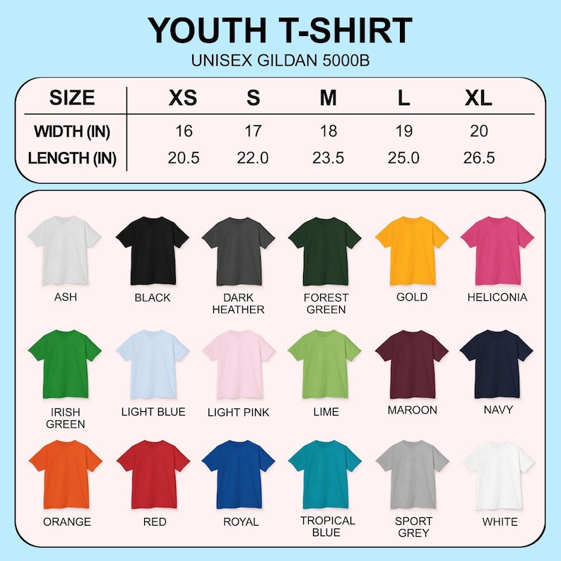 K&ouml;nnte beinhalten: Eine Tabelle mit Jugend-T-Shirts in verschiedenen Farben wie Asch, Schwarz, Dunkelgrau, Waldgr&uuml;n, Gold und Heliconia. Gr&ouml;&szlig;en von XS bis XL, Breiten von 40.6 bis 50.8 cm und L&auml;ngen von 52.1 bis 67.3 cm.