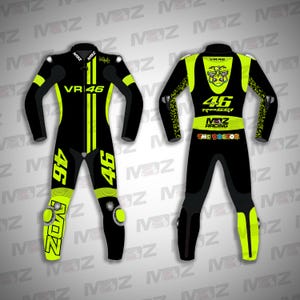 Mono de motociclismo estilo VR46: mono de cuero negro y amarillo neón para pista de MotoGP
