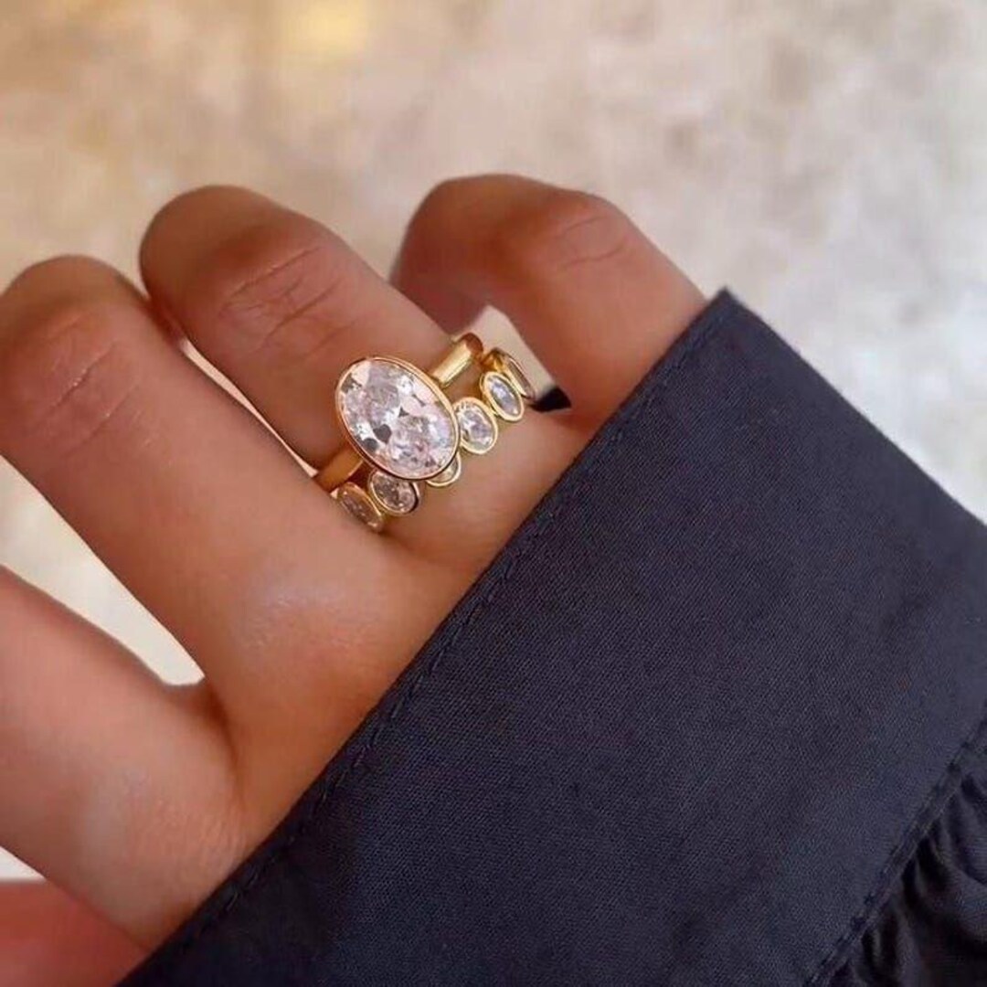 2CT Oval Cut Moissanite Engagement Ring Set, 14K Yellow Gold Bezel Ring ...