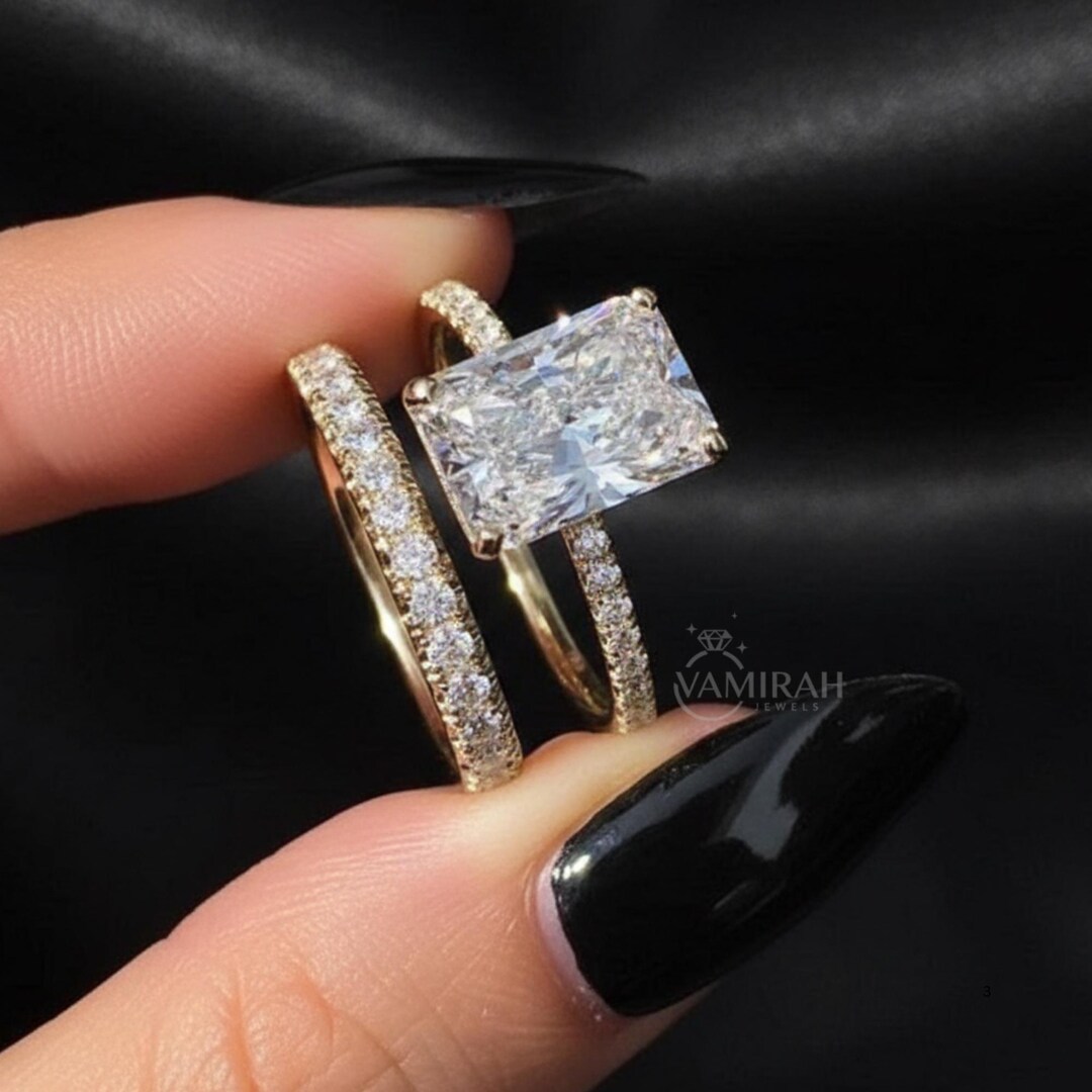 3CT Radiant Cut Moissanite Wedding Ring Set 14k Yellow Gold With Round ...