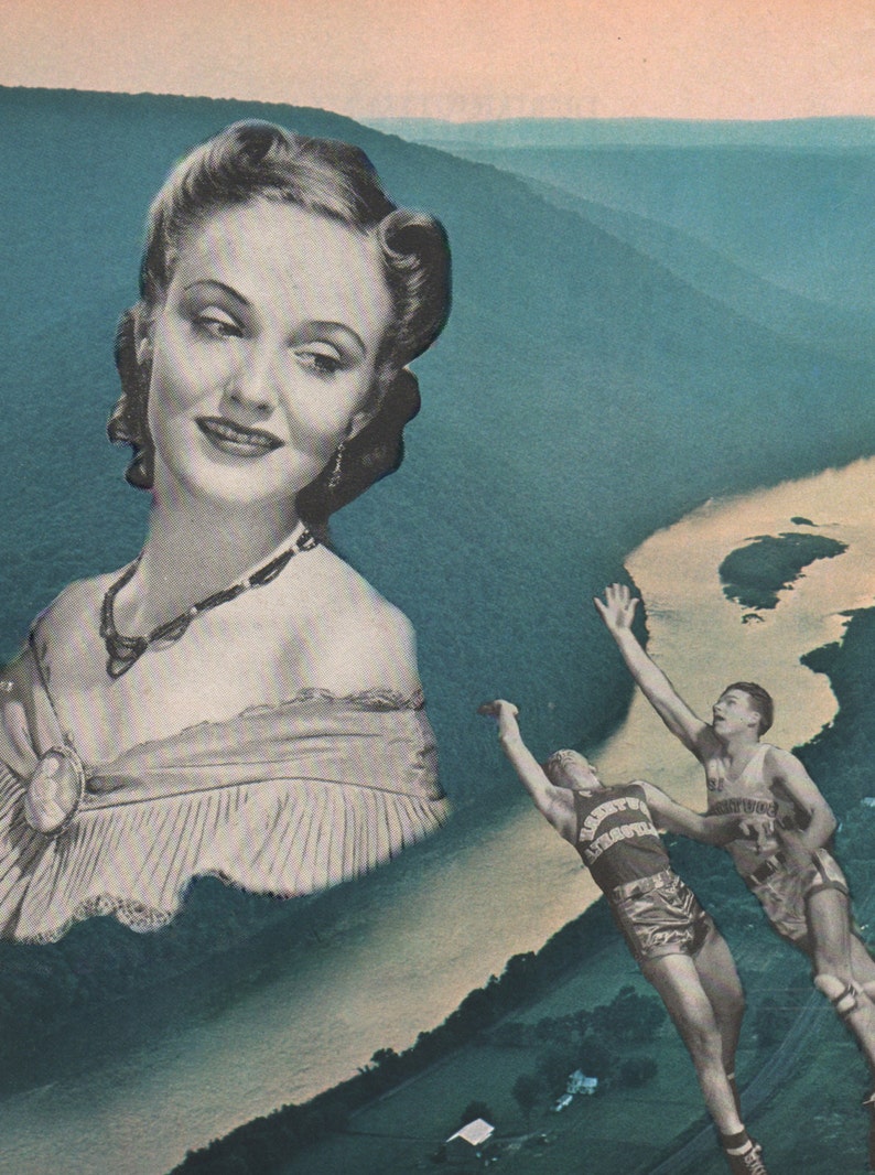 May include: A vintage collage featuring a woman's portrait, a landscape, and two basketball players. The woman is in black and white, while the landscape and players are in color. The background has a teal and peach color scheme.