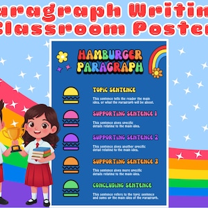 Könnte beinhalten: Ein Klassenposter mit dem Text "Paragraph Writing Classroom Poster" und "Hamburger Paragraph". Das Poster enthält einen Regenbogen, Cartoon-Illustrationen und einen Jungen und ein Mädchen, die eine Trophäe und Bücher halten.