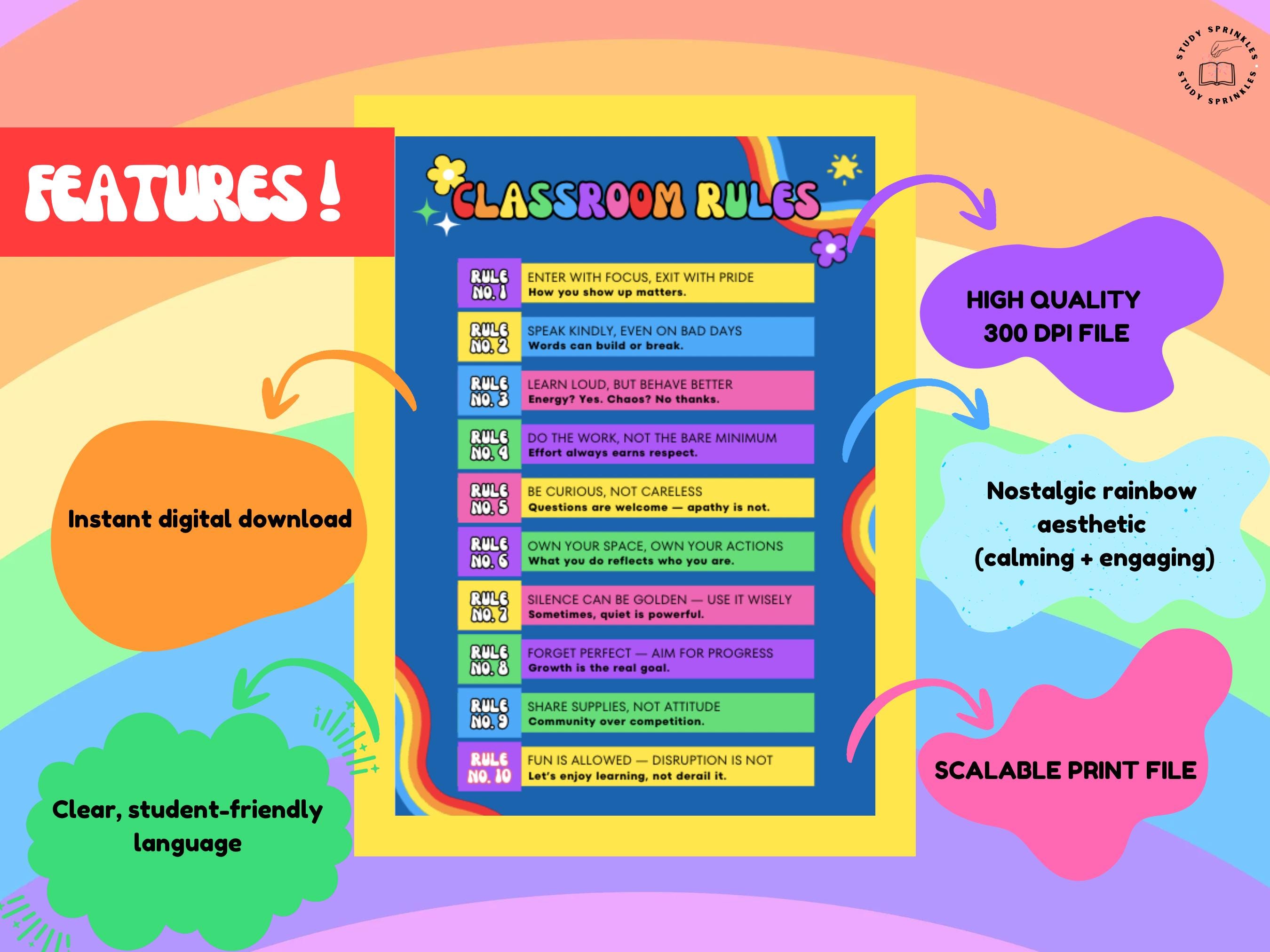 Rainbow Classroom Rules Poster Printable, Retro Classroom Decor, Bright ...