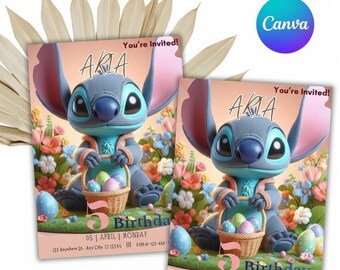 Cute Stitch Bday Envite, Cartoon Bday, Stitch Birthday Party Invitation Template, Digital Download