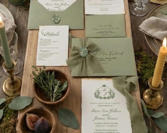 Suite de faire-part de mariage en papier coton vert sauge, invitation beaux-arts bord Deckle