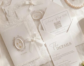 Elegant Lace Wedding Invitation Suite, Bespoke Bridal Invitation, Fine Art Invite