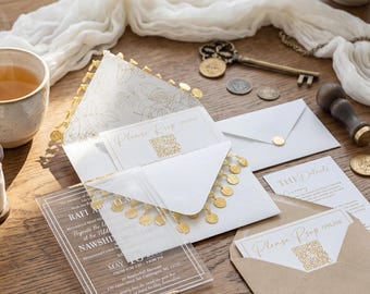 Transparante acryl trouwuitnodiging, gouden islamitische Nikah-suite, luxe briefpapier