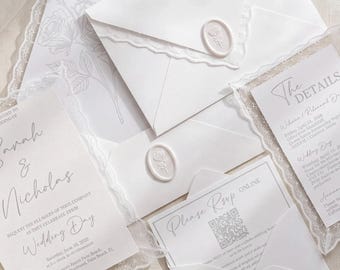 Lace Wedding Invitation Suite, Romantic Silver Bridal Cards, Elegant Stationery