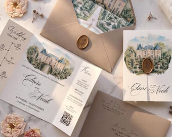 Set trouwuitnodigingen in aquarel voor de trouwlocatie, uitklapbare uitnodiging, gepersonaliseerde locatie-illustratie, lakzegel, binnenenvelop met voering