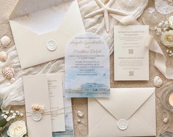 Acrylic Beach Wedding Invitation Suite, Coastal Ocean Stationery, Destination Wedding Invite