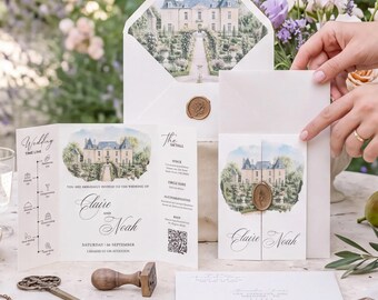 Watercolor Wedding Venue Invitation Suite, Custom Illustration, Garden Floral Invite