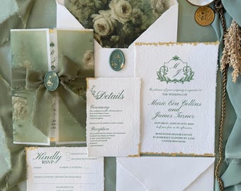 Sage Green Gold Detail Deckled Edge Handmade Cotton Paper Wedding Invitations