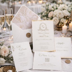 Könnte beinhalten: Elegante Hochzeitseinladungssuite mit cremefarbenem Papier und goldenen Akzenten. Die Suite umfasst eine Einladung, eine RSVP-Karte, eine Detailkarte und einen Umschlag mit floralem Futter. Die Einladung trägt die Namen "Victoria Anderson und Matthew Collins".