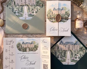 Custom Watercolor Wedding Venue Invitation Suit, Sage Green Gatefold Invite