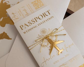 Ivory Wedding Abroad Cards Boarding Pass, Travel Wedding Invitation