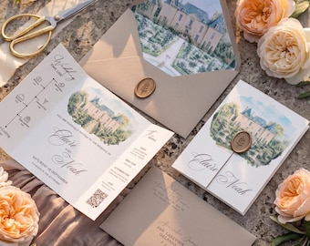 Custom Watercolor Wedding Venue Invitation Suit, Gatefold Design, Personalized Invite, Lined Envelope