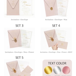 May include: A collection of wedding invitation sets in various configurations. Each set includes a blush pink envelope with gold foil text and a matching invitation card. Some sets include wax seals, flowers, RSVP cards, and detail cards. Text color options are gold, silver, and rose gold.