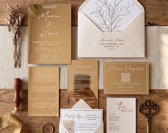 Gold Mirror Acrylic Wedding Invitation Suite: Beige Envelopes, RSVP, Details Card
