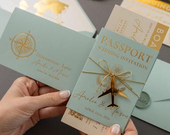 Sage Green Passport Wedding Invitation Suite, Destination Travel Wedding Invite