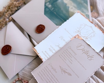 Luxury Handmade Wedding Invitation Set, Deckle Edge Invite, Vintage Landscape Liner