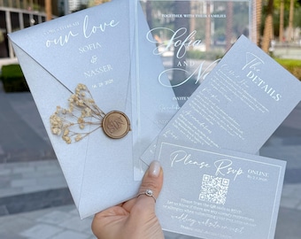 Invitación de boda en acrílico plateado con sello de cera, diseño de bellas artes.