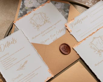 Handmade Deckle Edge Wedding Invitation Suite, Bronze Foil, Luxury Fall Stationery, Elegant Rustic Invite