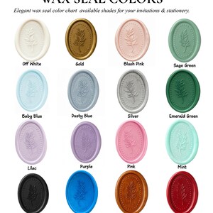 Puede incluir: Una carta de colores de sellos de cera en varios tonos, incluyendo blanco roto, dorado, rosa rubor, verde salvia, azul beb&eacute;, azul polvoriento, plateado, verde esmeralda, lila, morado, rosa, menta, negro, azul marino, bronce y burdeos. Cada sello presenta un dise&ntilde;o de hoja.