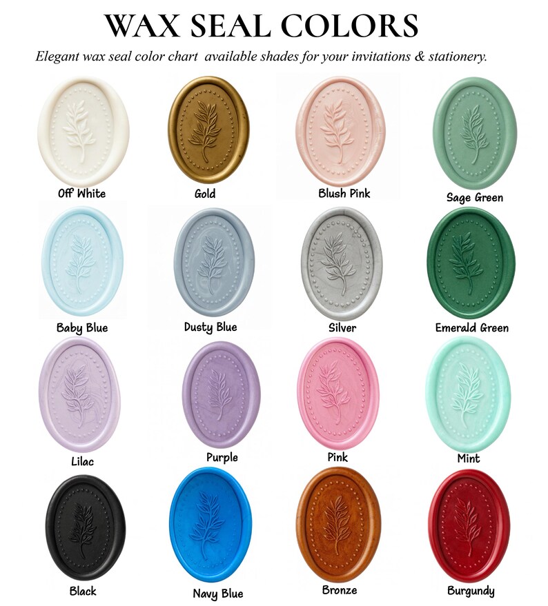 Puede incluir: Una carta de colores de sellos de cera en varios tonos, incluyendo blanco roto, dorado, rosa rubor, verde salvia, azul beb&eacute;, azul polvoriento, plateado, verde esmeralda, lila, morado, rosa, menta, negro, azul marino, bronce y burdeos. Cada sello presenta un dise&ntilde;o de hoja.