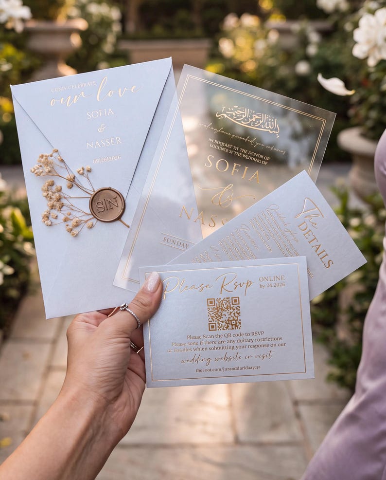 Juego de invitaciones de boda en verde salvia, invitación para la ceremonia musulmana Nikah, caligrafía árabe, papelería de lujo. imagen 11
