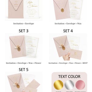 Puede incluir: Una colecci&oacute;n de juegos de invitaciones de boda. Cada juego incluye un sobre rosa rubor con texto dorado y una tarjeta de invitaci&oacute;n a juego. Algunos juegos incluyen sellos de cera, flores, tarjetas RSVP y tarjetas de detalles. Las opciones de color del texto son oro, plata y oro rosa.